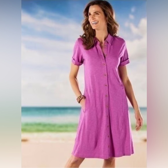 Soft Surroundings Dresses & Skirts - Soft Surroundings Filipa Shirt Dress M Short Sleeve Button Pockets Purple New